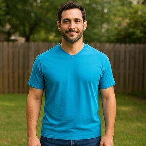 Basic‎ Editions Blue V-Neck Short Sleeve Cotton Tee – Men’s Large
